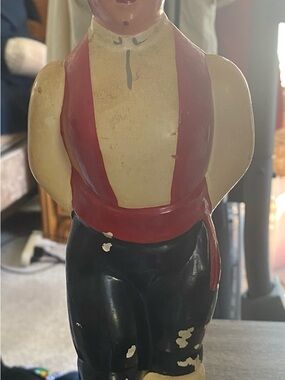 Vintage Painted Ceramic Figurine with Red Vest and Black Pants